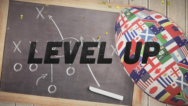 Animation of words level up and confetti over american football of flags and game chalkboard