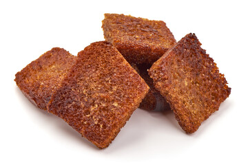 Rye bread croutons with garlic, isolated on white background