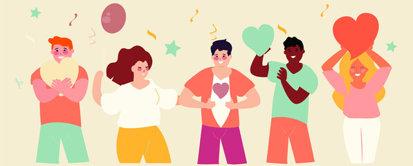 Happy people group holding hearts and celebrate the moment. Men and women smile, dance and spread positive vibes. Love, charity, volunteering Valentine's Mother's or Women's day concept card. Vector. - obrazy, fototapety, plakaty