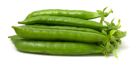 Bunch of young pea pods isolated on white background.