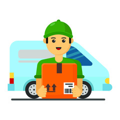 delivery service, a delivery man holding a parcel with truck, illustration vector graphic