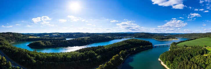 the bigge lake in the sauerland in germany in summer panorama - obrazy, fototapety, plakaty