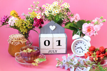 Calendar for July 1 : the name of the month of July in English, cubes with the numbers 0 and 1, a...