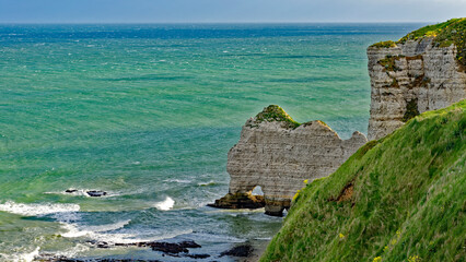 View of a cliff arch on the Alabaster Coast at Etretat in Normandy, France - 442415405