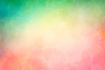 Colorful watercolor background with painted sunset sky colors of pink yellow and orange with blue green border, abstract beautiful painting on border with no people for template or website background