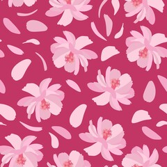 Floral seamless pattern with pink cosmos flowers and petals.