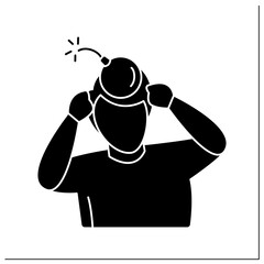 Headache glyph icon. Patient suffering strong pain for severe migraine.Male person with exploding bomb. Intense pain and health troubles. Filled flat sign. Isolated silhouette vector illustration