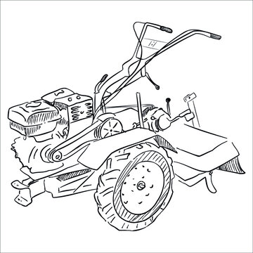 recommend clip art: walk-behind tractor.  cultivator. motoblok.  harvesting. sketch. hand draw. isolated on white background. vector eps 10