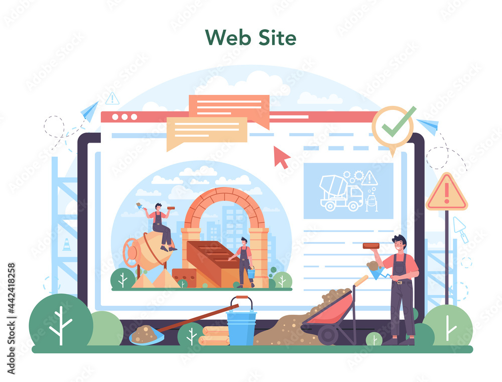 Poster bricklayer online service or platform. professional builder constructing