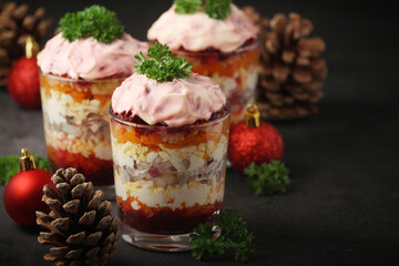 Dressed herring or herring under fur - traditional Russian salad
