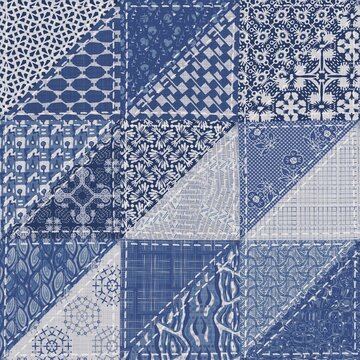 Denim western blue patchwork triangle woven texture. Indigo vintage wash printed cotton textile effect. Patched jean home decor background. Boho bandana quilt stitch allover fabric print material.