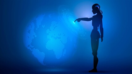 Fototapeta na wymiar Silhouette of a robot points a finger at a glowing hologram of a world map