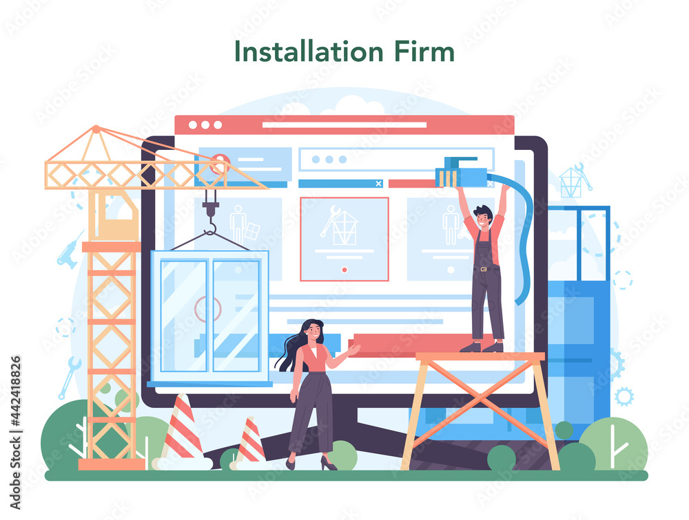 Poster installer online service or platform. worker in uniform installing