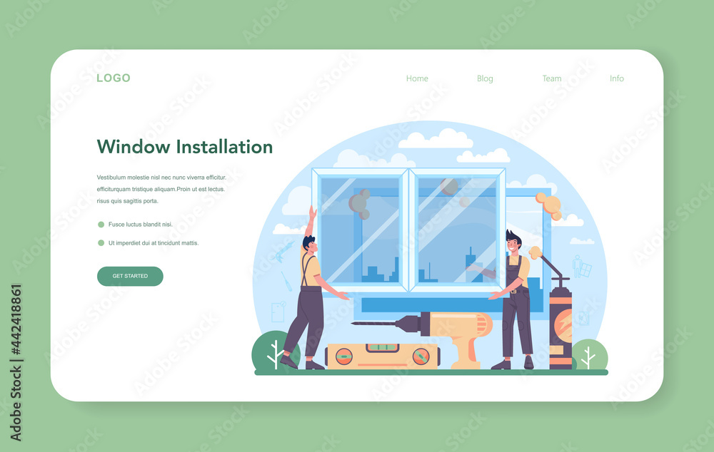 Aufkleber installer web banner or landing page. worker in uniform installing window