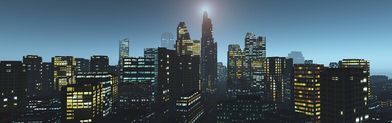 Fototapeta na wymiar Panorama of the evening city, night skyscrapers, 3D rendering