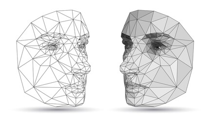 Human face made of triangular mesh and low poly white surface