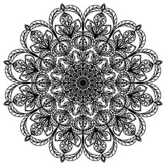 Mandala black on a white background. Circular floral ornament. Ethnic linear pattern. Template for tattoo, henna drawing. Coloring. Element of decoration. Vector for psychological relief.
