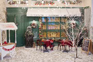 Christmas cafe bakery exterior with decorations
