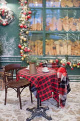 Christmas cafe bakery exterior with decorations