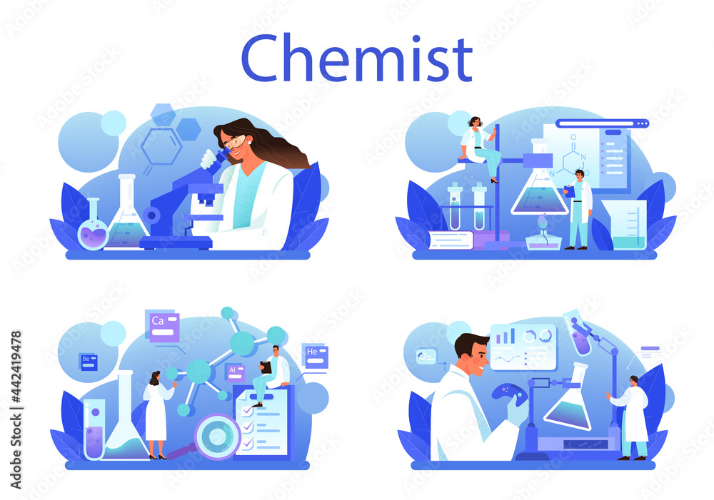 Poster chemist concept set. chemistry scientist doing an experiment in the laboratory.