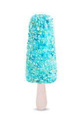 Blue vanilla ice cream with popcorn on a stick on a white isolated background