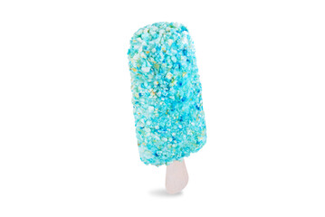 Blue vanilla ice cream with popcorn on a stick on a white isolated background