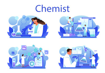 Chemist concept set. Chemistry scientist doing an experiment in the laboratory.