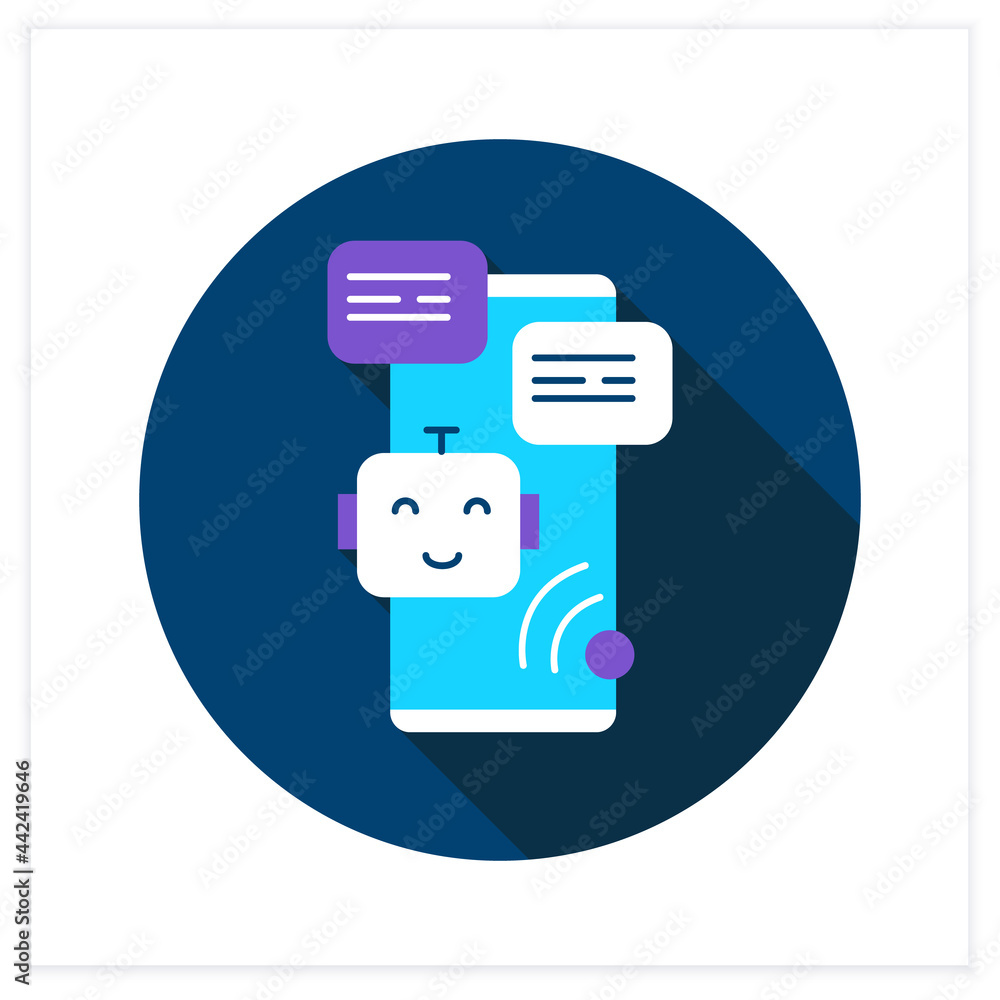 Poster voice to text flat icon. smartphone, robot, audio and message bubble. concept of mobile chat and onl