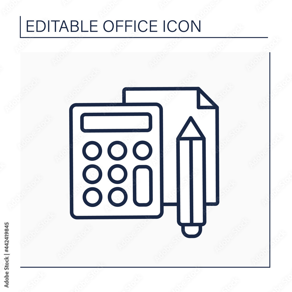 Poster device line icon. calculator, pencil and sheets of paper. device for counting.office concept. isolat