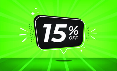 15% off. Green banner with fifteen percent discount on a black balloon for mega big sales.