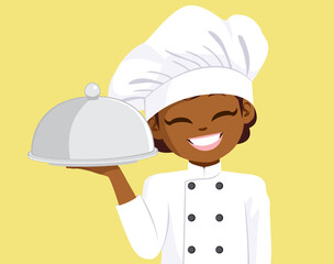 Cute little black kid chef cooking holding food tray