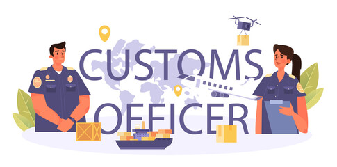 Customs officer typographic header. Passport control at the airport