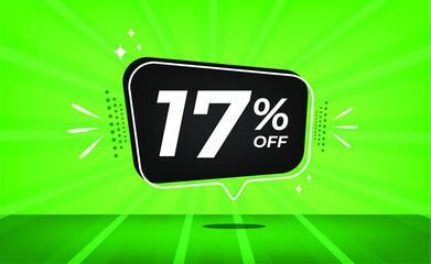 17% off. Green banner with seventeen percent discount on a black balloon for mega big sales.