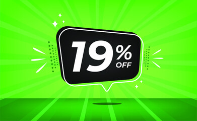 19% off. Green banner with nineteen percent discount on a black balloon for mega big sales.