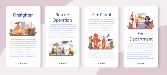 Firefighter mobile application banner set. Professional fire brigade fighting