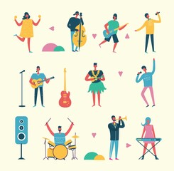 Fototapeta na wymiar Musician persons in different music duets. Vector characters of singers