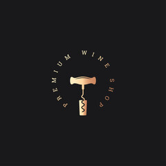 Wine shop logo. Wine cork corkscrew on black - obrazy, fototapety, plakaty