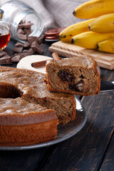 Banana fit cake with chocolate and nuts. Healthy food