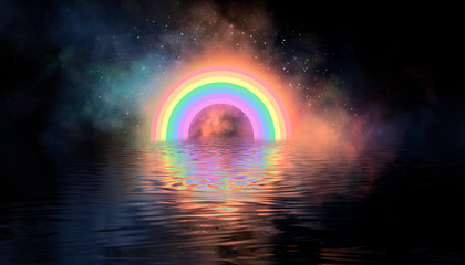 Night fantasy landscape with abstract island, rainbow on the water, colorful smoke, smog. Reflection of neon light. Night view of the seascape. 3D 