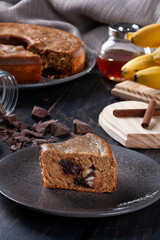 Banana fit cake with chocolate and nuts. Healthy food