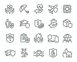 Insurance Icons Set. Such as Health Insurance, Property Insurance and Financial Risk and others. Editable vector stroke. - obrazy, fototapety, plakaty