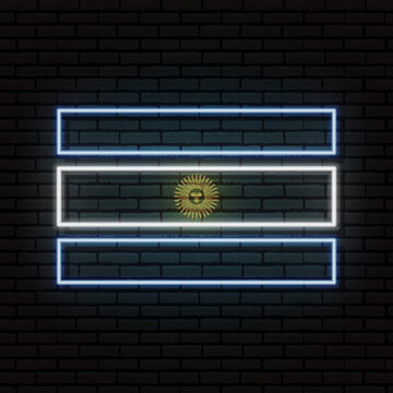 Neon sign in the form of the flag of Argentina. Against the background of a brick wall with a shadow. For the design of tourist or patriotic themes. South America