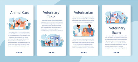 Pet veterinarian mobile application banner set. Veterinary doctor checking
