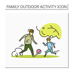 Family soccer color icon. Father playing football against son. Outdoor family activity concept. Parents and kids lifestyle, recreation. Isolated vector illustration