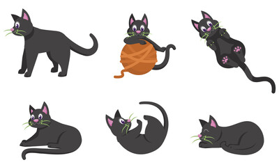 Black cat in different poses. Halloween character in cartoon style