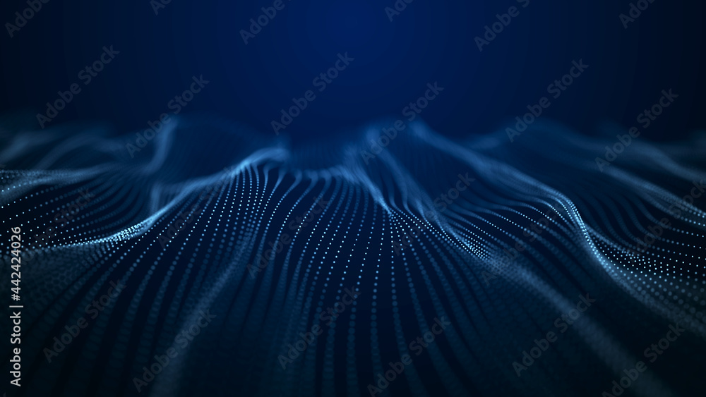 Poster Abstract technology stream background. Digital dynamic wave of dots. Network connection structure. 3D rendering.