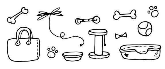 Vector set of pet elements. drawn in doodle style, a couch, a bowl, a bag, a ball, a bow on a string, a claw, a bone and a paw print are isolated black outline on a white background for a design templ