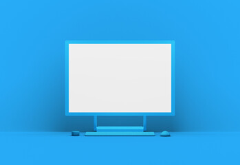 3D Rendered Desktop Computer Blank Mockup Template with blue color background
