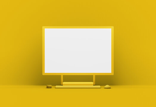 3D rendered desktop computer blank mockup template with yellow background