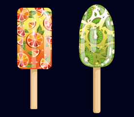 Ice cream, sweet ice with slices of citrus fruits kiwa and grapefruit, summer dessert on a stick, vector graphics
